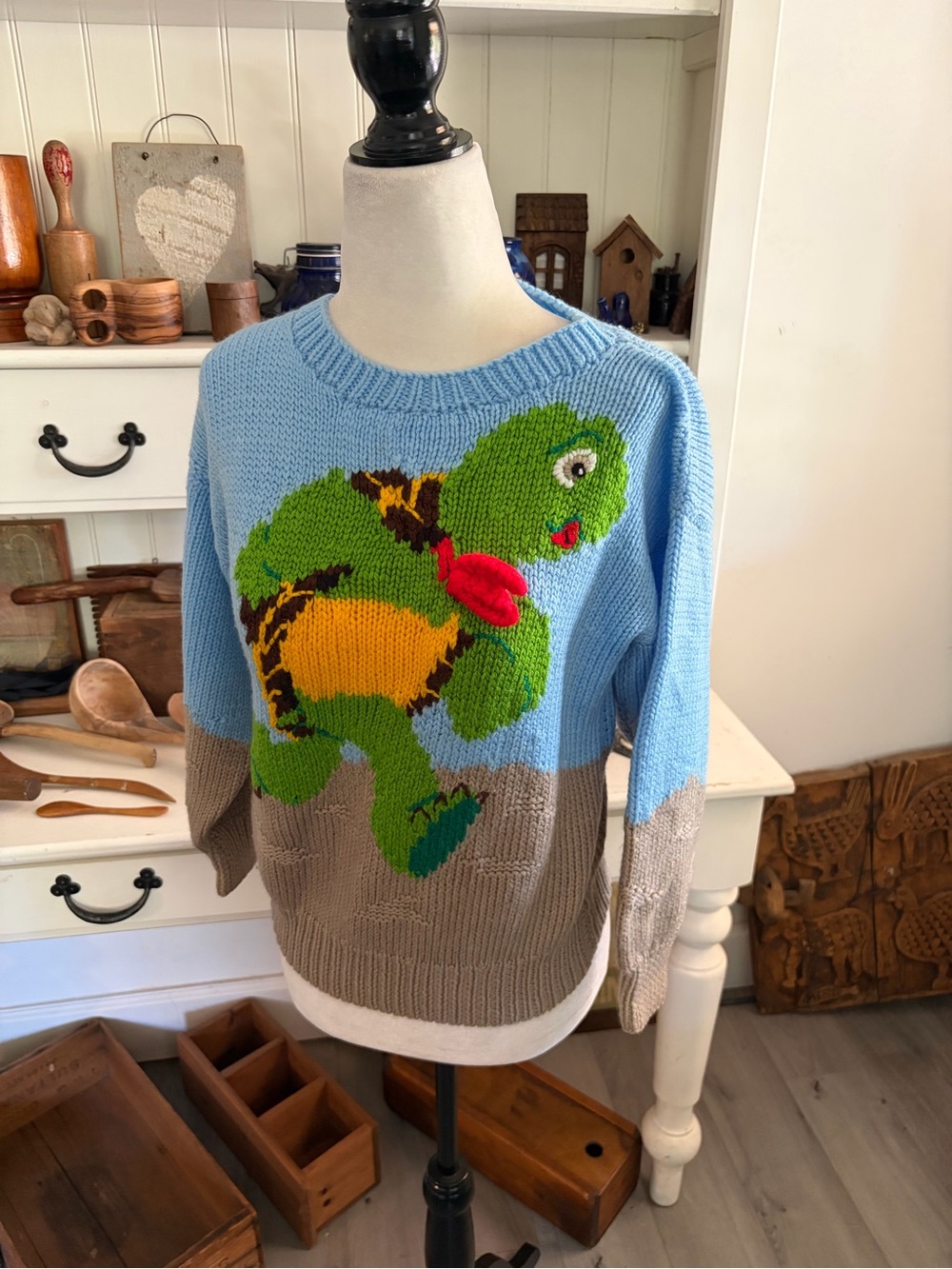Hand Made Blue & Tan Turtle Knit Sweater - Women